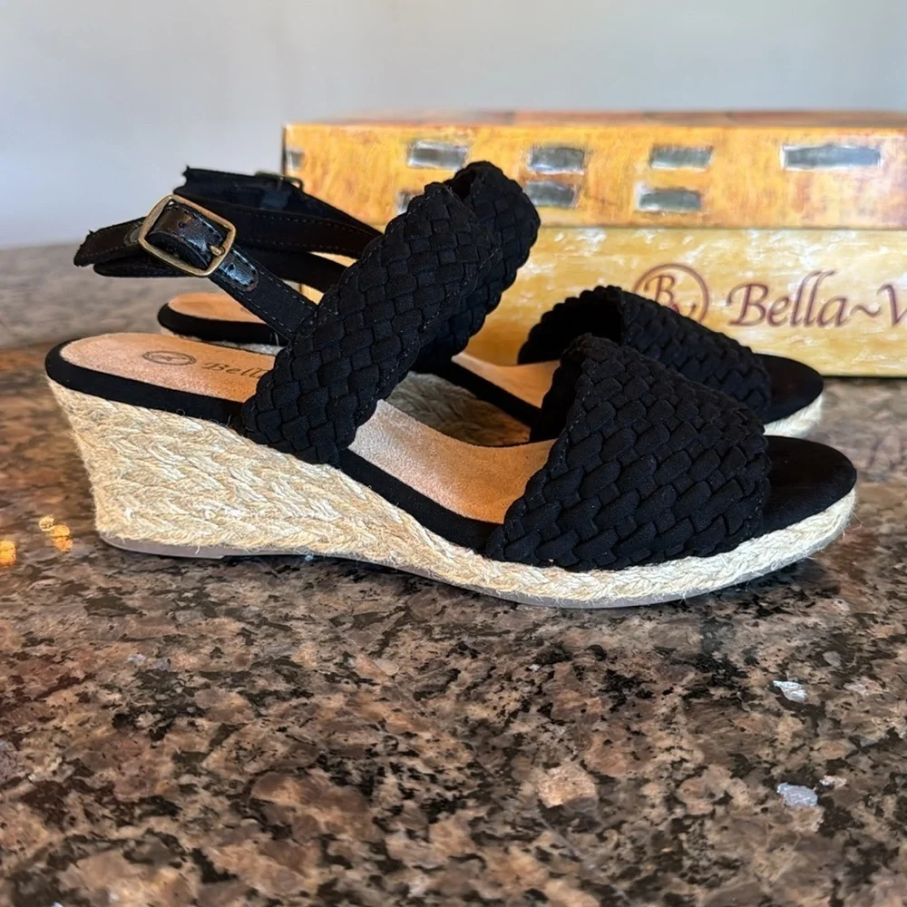 Bella Vita Mariela black suede espadrilles 2” wedge sandal NIB 6.5